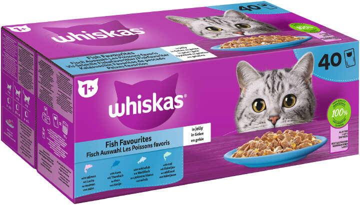whiskas Katzen-Nassfutter Portionsbeutel Multipack 1+ Fisch Auswahl in Gelee 40 x 85g